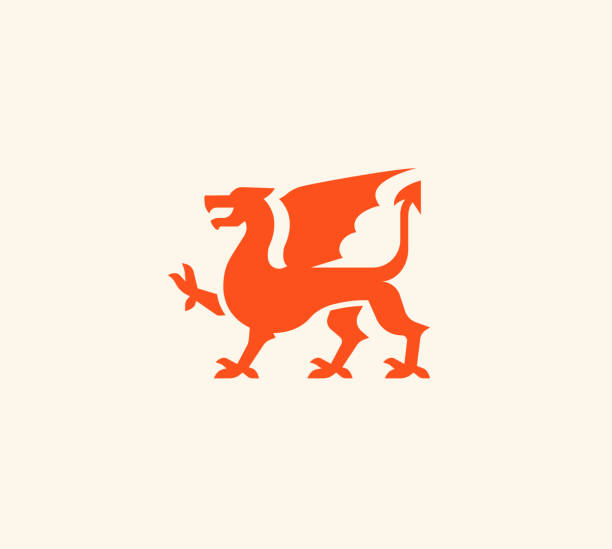 Medieval red dragon logo. Medieval red dragon logo. Dragon with wings red silhouette. Vector illustration dragons stock illustrations