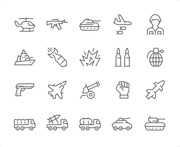 Military icon set. Editable stroke weight. Pixel perfect icons. Military icons set #02

Specification: 20 icons, 64×64 pх, EDITABLE stroke weight! Current stroke 2 px.

Features: Pixel Perfect, Unicolor, Editable weight thin line.

First row of  icons contains:
Helicopter, Assault Riffle, Armored Tank, Bombing, Army Soldier;

Second row contains: 
Military Ship, Military Missile, Exploding, Bullet, Hand Grenade;

Third row contains: 
Handgun, Fighter Plane, Artillery System (Cannon), Fist, Cruise Missile; 

Fourth row contains: 
Military Truck, Rocket Launcher, Fuel Tank, Military Land Vehicle, Armored Tank.

Check out the complete Prolinico collection — https://www.istockphoto.com/collaboration/boards/m2yevS1B7EWOAAxLZcvJhQ military symbol computer icon war stock illustrations