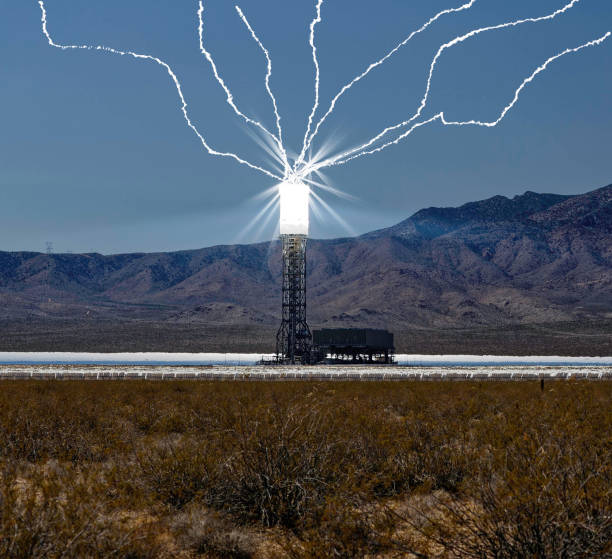 Solar Cube. A high capacity solar power cube in the dessert in California. lightning tower stock pictures, royalty-free photos & images