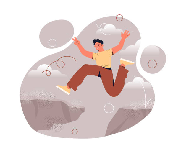 OIvercoming obstacles concept OIvercoming obstacles concept. Guy jumps over cliff. Happy and talented character. Poster or banner for website. Leadership and motivation, talented businessman. Cartoon flat vector illustration leap of faith stock illustrations