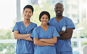 istock Portrait of a group of medical practitioners standing together with their arms crossed in a hospital 1388256621