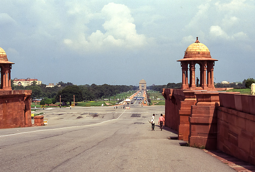 New Delhi, India - aug 1, 1996: view of Rajpath Road, along monumental avenue in the government district of New Delhi, near the Indian Gate