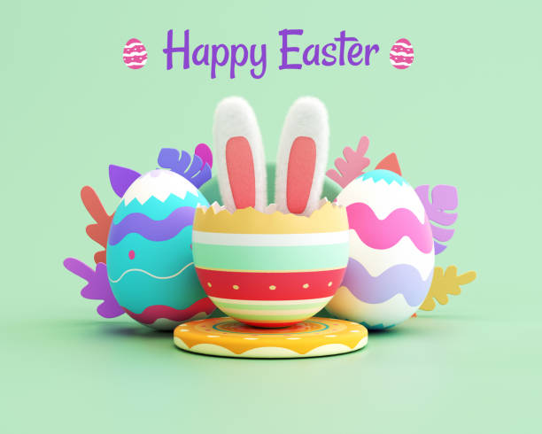 Happy Easter card design template with painted eggs and rabbit ears in pastel colors. Colorful modern cartoon style. Poster, greeting card background in 3D illustration