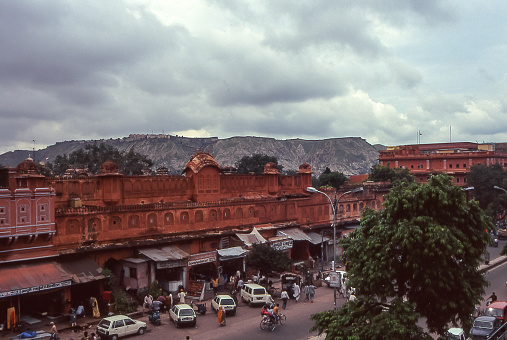 Jaipur, India - Aug 03, 1996:  traffic seen from above in Hawa Mahal Road in Jaipur. Vintage photo. Historical archive photo.