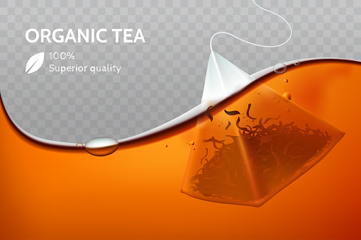 Brewing a tea bag in hot water close up. Tea sachet with a thread is dipped into boiling water. Design element for packaging or advertising banner. Isolated on transparent background. Vector eps 10.