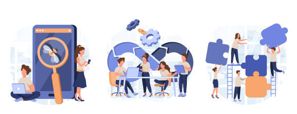 Software development. Technology analysis. Programming teamwork, quality assurance. DevOps team, beta testing, project delivery metaphors. Vector isolated concept metaphor illustrations Software development. Technology analysis. Programming teamwork, quality assurance. DevOps team, beta testing, project delivery metaphors. Vector isolated concept metaphor illustrations fixed ops stock illustrations