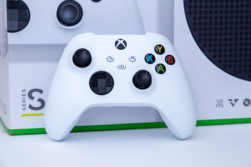 São Paulo, Brazil - 03, 2022:  White controller of new video game console Xbox Series S. On white background.