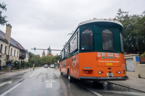 Portland, NY, USA, 9.1.23 - The exterior of the bus for the Trolley Tours of Historic Portland.