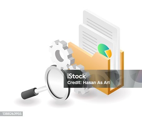 istock Flat isometric concept illustration. the process of searching for data in the analysis folder 1388263955