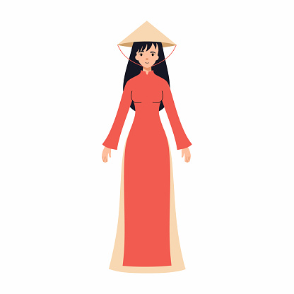 Beautiful Vietnamese woman in traditional clothes and headdress. People of Vietnam. Vector symbol in flat style. Asian girl in long dress.