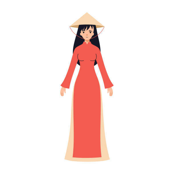 Beautiful Vietnamese woman in traditional clothes and headdress. People of Vietnam. Vector symbol in flat style. Asian girl in long dress. Beautiful Vietnamese woman in traditional clothes and headdress. People of Vietnam. Vector symbol in flat style. Asian girl in long dress. vietnamese culture stock illustrations