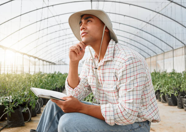 photo d’un jeune homme à l’air réfléchi alors qu’il écrit des notes dans une serre d’une ferme - writing diary nature ideas photos et images de collection