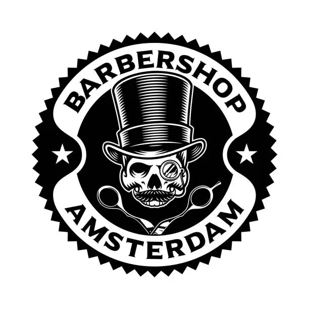 Vector illustration of Barbershop logo template with a skull in top hat