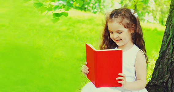 Portrait of little girl child reading book on the grass in summer park