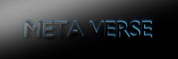 Wide banner with word text Meta Verse in bold black letters illuminated by blue neon light on black background