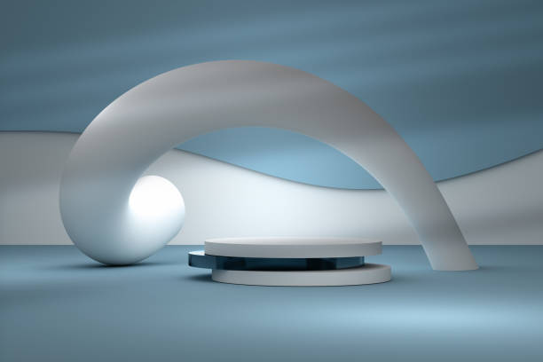 istock Abstract product presentation pedestals with curved shape in blue white colors 1388267805