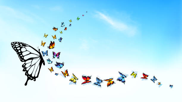 istock Beautiful Summer nature background with Colorful Butterflies and Blue Sky with White Clouds. Vector. 1388272730