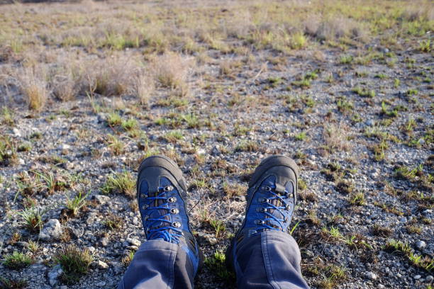 scarpe da esterno nel campo della savana - footpath field nature contemplation foto e immagini stock