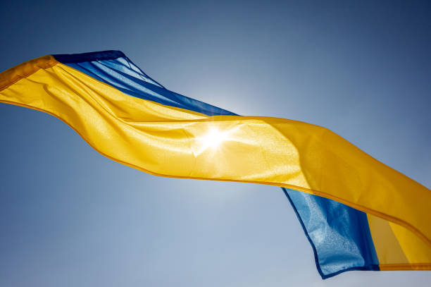 National flag of Ukraine National flag of Ukraine waving outside on a wind facing the bright sky and the Sun ukrainian flag stock pictures, royalty-free photos & images