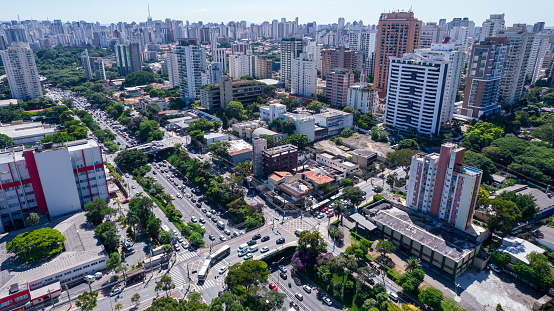 Aerial view of the city of São Paulo, Brazil.\nIn the neighborhood of Vila Clementino, Jabaquara. Aerial drone photo. Avenida 23 de Maio in the background. Residential and commercial buildings.