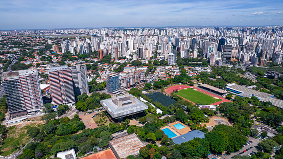 Aerial view of the city of São Paulo, Brazil.\nIn the neighborhood of Vila Clementino, Jabaquara. Aerial drone photo. Avenida 23 de Maio in the background. Residential and commercial buildings.