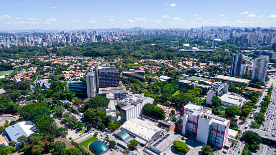 Aerial view of the city of São Paulo, Brazil.\nIn the neighborhood of Vila Clementino, Jabaquara. Aerial drone photo. Avenida 23 de Maio in the background. Residential and commercial buildings.