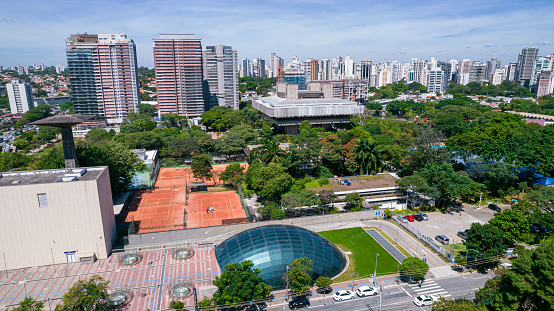 Aerial view of the city of São Paulo, Brazil.\nIn the neighborhood of Vila Clementino, Jabaquara. Aerial drone photo. Avenida 23 de Maio in the background. Residential and commercial buildings.