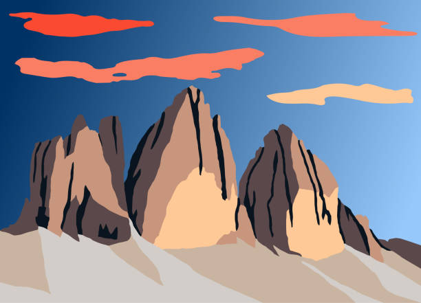 illustrations, cliparts, dessins animés et icônes de illustration vectorielle tre cime di lavaredo avec ciel bleu, dolomites mountais, italie - trentino alto adige