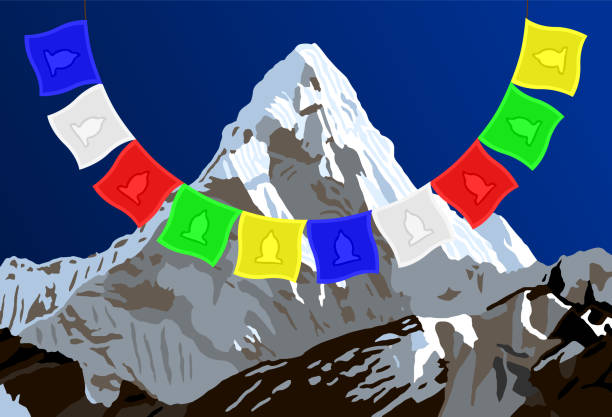 ilustraciones, imágenes clip art, dibujos animados e iconos de stock de monte ama dablam con banderas de oración sobre fondo azul celeste, montañas del himalaya de nepal, logotipo de ilustración vectorial - many colored prayer flags