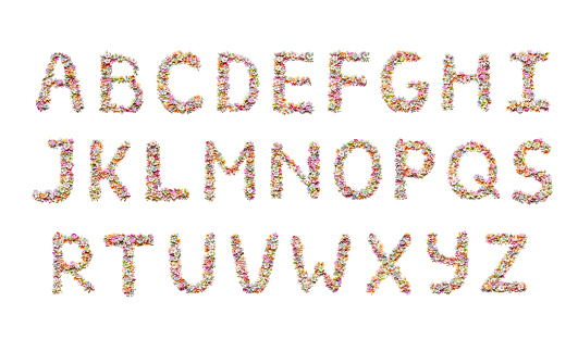 Flower font. Alphabet for kids. Holiday design, made from beautiful flowers.