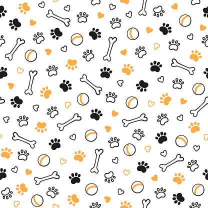 Seamless dog pattern with paw prints, bones, hearts and balls. Cat foot texture. Pattern with doggy pawprint and bones. Dog texture. Hand drawn vector illustration in doodle style on white background
