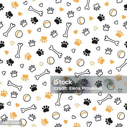 istock Seamless dog pattern with paw prints, bones, hearts and balls. Cat foot texture. Pattern with doggy pawprint and bones. Dog texture. Hand drawn vector illustration in doodle style on white background 1388281684
