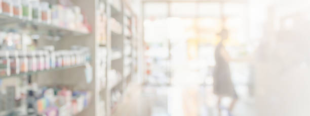 Pharmacy drugstore shelves interior blur medical background stock photo
