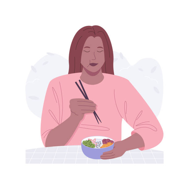 Poke bowls isolated cartoon vector illustrations. Poke bowls isolated cartoon vector illustrations. Young girl enjoying poke bowl meal, Hawaiian food, healthy and organic nutrition, raw fish eating, common superfoods vector cartoon. kids eating tuna stock illustrations