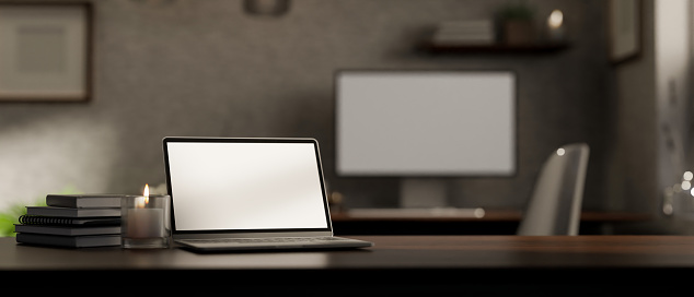 Tabletop Workspace Dark Wood Tabletop Workspace With Notebook Laptop And Copy Space Stock ...