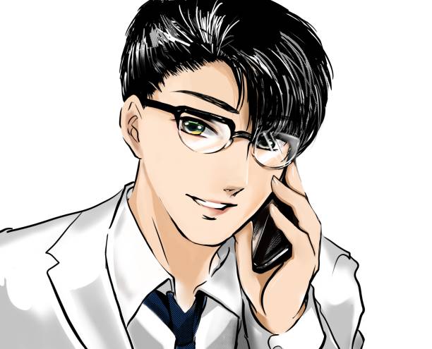 ilustrações de stock, clip art, desenhos animados e ícones de illustration of manga style handsome young man who wears glasses teaches something important to his patients and students using his smartphone. - telephone doctor medical exam healthcare and medicine