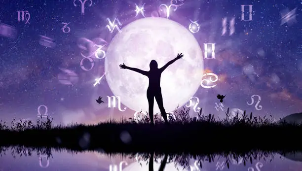 Astrological zodiac signs inside of horoscope circle. Illustration of Woman silhouette consulting the stars and moon over the zodiac wheel and milky way background. The power of the universe concept.