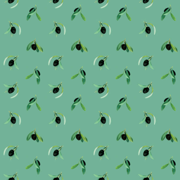 istock Watercolor olives with leaves seamless pattern on blue background. Draw of small black olives. Nature background. 1388293572