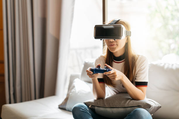 istock Woman with glasses of virtual reality. Future technology concept. 1388296311