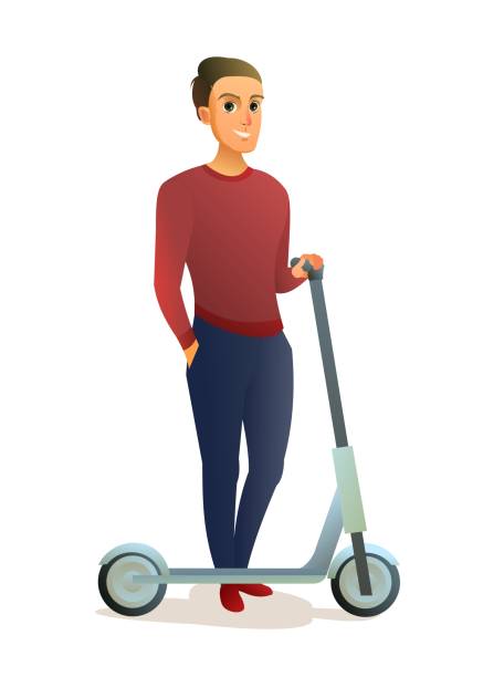istock Guy with electric scooter. Young man with transport. Comic fun person. Cute cartoon style. Isolated on white background. Vector 1388300167