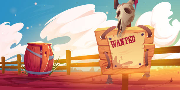 cartoon-westernszene mit fahndungsschild und fass - wanted poster wild west sign wood stock-grafiken, -clipart, -cartoons und -symbole