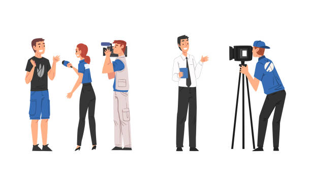 Journalists taking interview and making news cartoon vector illustration Journalists taking interview and making news cartoon vector illustration isolated on white background. interview camera stock illustrations
