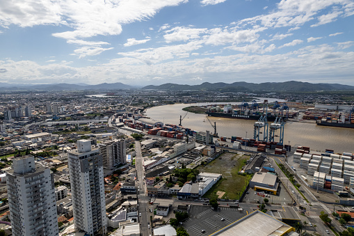 Itajaí, Santa Catarina, Brazil Circa March 2022: Aerial view of APM Terminals Itajaí and its urban surroundings
