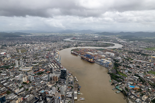 Itajaí, Santa Catarina, Brazil Circa March 2022: Aerial view of APM Terminals Itajaí and its urban surroundings