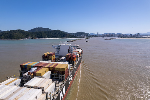 Itajaí, Santa Catarina, Brazil Circa March 2022: Container ship arriving at the port of Itajaí.