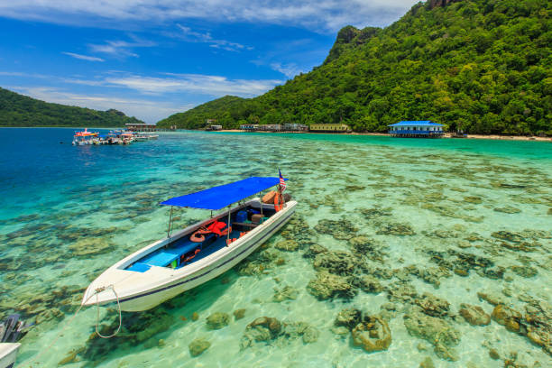 Corals reef and islands seen from the jetty of Bohey Dulang Island, Sabah, Malaysia. Corals reef and islands seen from the jetty of Bohey Dulang Island, Sabah, Malaysia. mabul island stock pictures, royalty-free photos & images