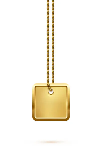 Vector illustration of Empty square gold military or dogs badge hanging on steel chain. Vector army object isolated on white background. Pendant with blank space for identification, blood type in case of death and injury.