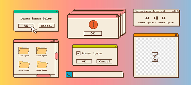 Vector set of 90s old desktop user interface elements. Nostalgic retro computer ui ux, vintage aesthetic icons and dialog windows. Vaporwave and retrowave style old computer aesthetics. Illustrations