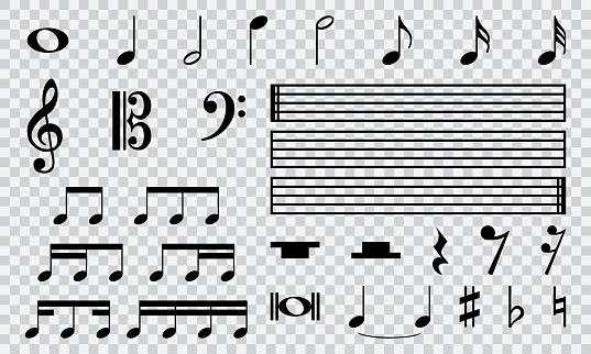 Set of musical notes icon set isolated on transparent background. Music tune melody symbols sign for sheet music composition. EPS10 illustration vector.