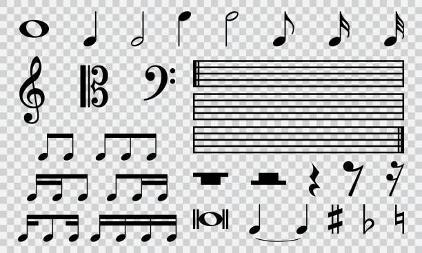 Musical notes icon set isolated on transparent background. Music tune melody symbols sign for sheet music composition. EPS10 illustration vector. Set of musical notes icon set isolated on transparent background. Music tune melody symbols sign for sheet music composition. EPS10 illustration vector. musical note stock illustrations